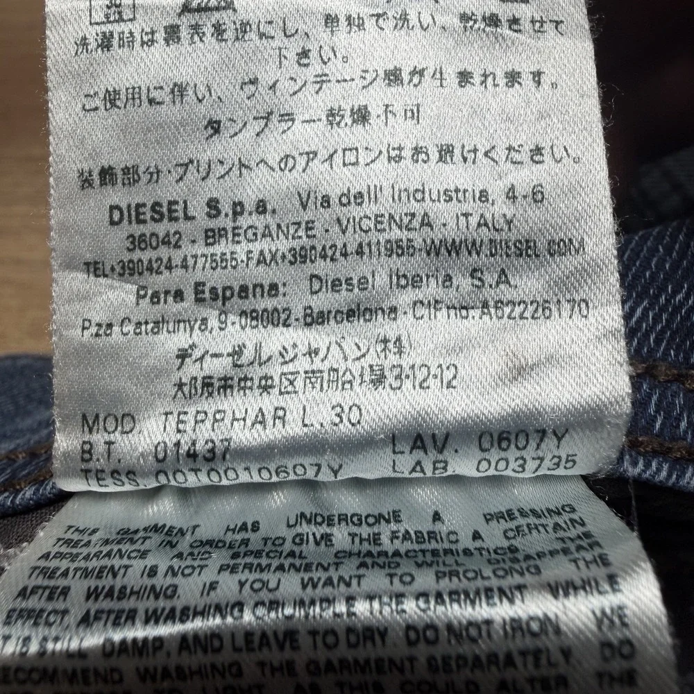 Diesel Tepphar Jeans Men 33x26 Blue Slim Carrot Stretch Dark Wash Distress 0607Y